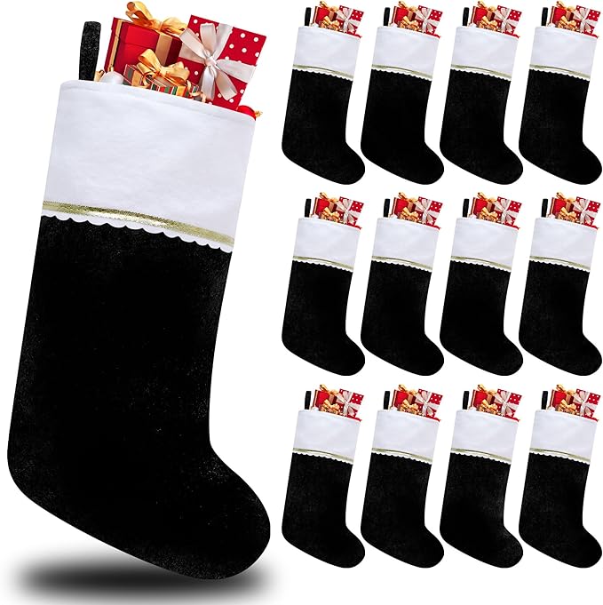 12 Pack Felt Christmas Stockings, 19 Inches Black and White Christmas Stockings, White Cuff with Gold Trim Christmas Stockings for Family Christmas Holiday Decorations