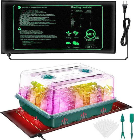 Seed Starter Tray, 96-Cell Seed Growing Tray with Grow Lights, Heat Mat, Indoor Gardening Plant Germination Trays (Green, 5 x 14.5 x 11 inches)