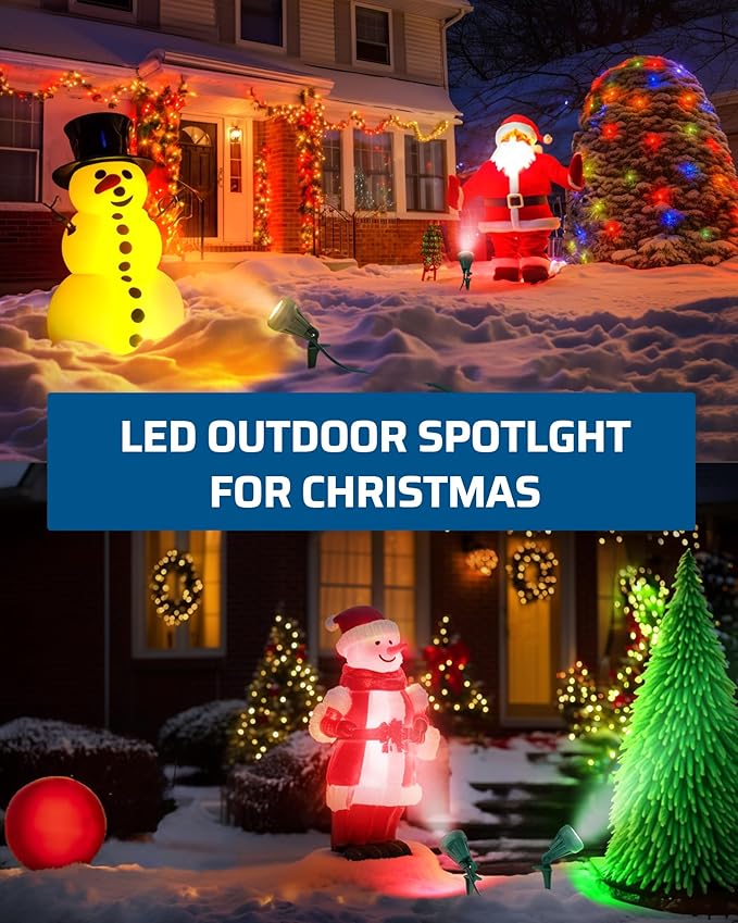 DEWENWILS Christmas 120V Spotlight Outdoor, 500LM Waterproof LED Spot Light with 3 Extra Lenses (Red Yellow Green), Landscape Lighting for Holiday, Trees, 5FT Extension Cord, UL Listed
