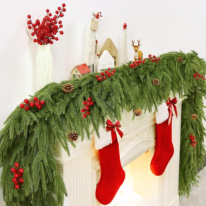 12FT Artificial Norfolk Pine Garlands - Real Touch Winter Pine Garland, Green Artificial Greenery Garland for Mantle, Table, Wall, Indoor & Outdoor Fireplace Christmas Decorations