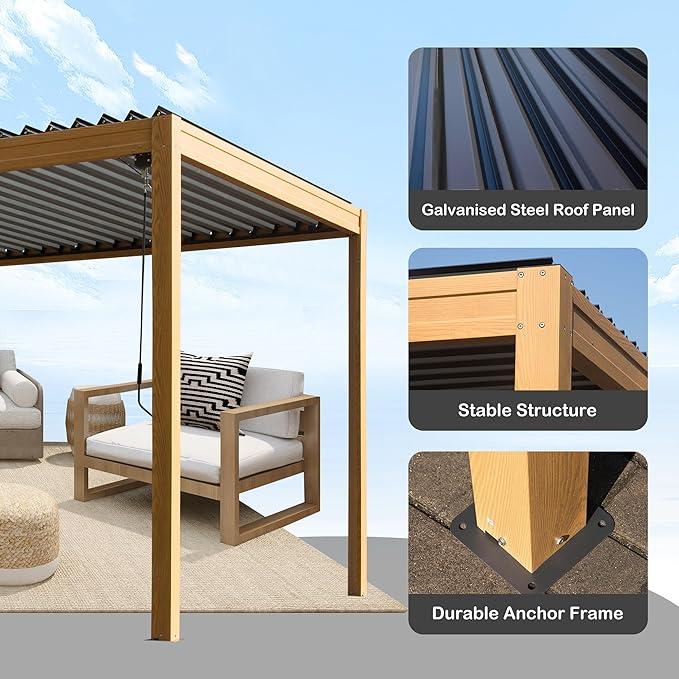 10’ x 20’ Louvered Pergola, Outdoor Pergola Aluminum Frame with Adjustable Rainproof Metal Roof, Permanent Sun Shade with Drainage System for Backyard, Garden and Lawn (Wooden Grain)