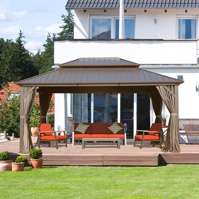 Domi Hardtop Gazebos 12x14FT, Aluminum Metal Gazebo with Galvanized Steel Double Roof Canopy, Curtain and Netting, Permanent Gazebo Pavilion for Patio, Backyard, Deck and Lawn, Brown