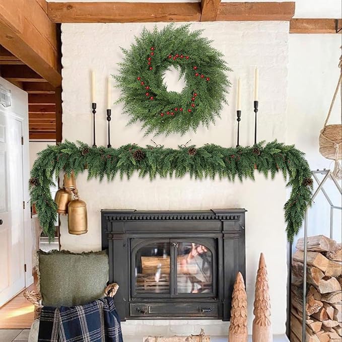 Lush Christmas Wreaths for Front Door with Red Berries Christmas Decorations 24 inch Real Touch Faux Cedar Wreath Large Winter Green Wreaths for Windows Outdoor Indoor Walls Home Xmas Holiday Decor