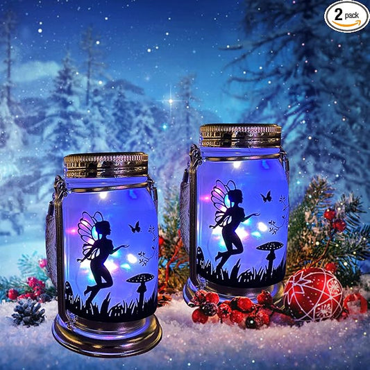2 Pack Solar Fairy Lantern for Garden Decorations - Christmas Gifts for Mom Women Grandma Birthday Outdoor Ornaments Decorations Hanging Lamp Frosted Glass Jar with Stake for Yard Patio Lawn