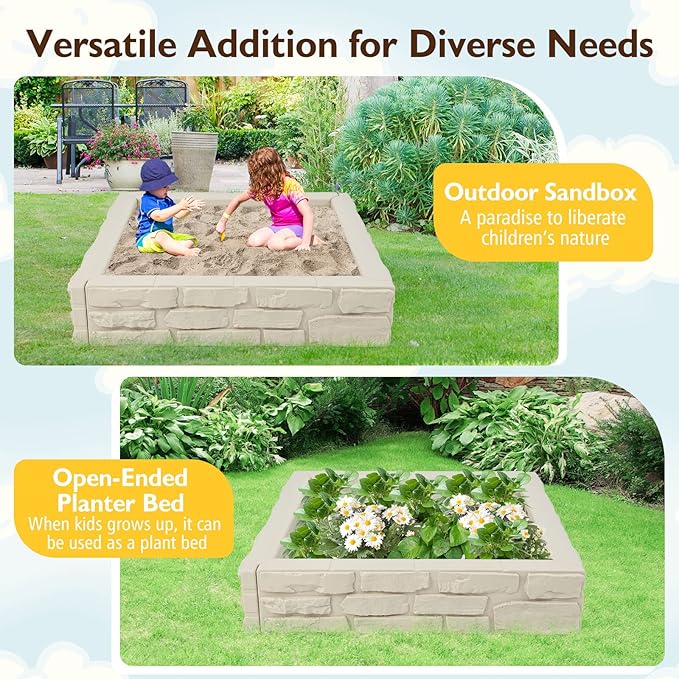 Costzon Kids Sandbox with Cover, 47x 47 HDPE Sand Box w/Oxford Cover, Bottom Liner, Reinforced Structure, Weather Resistant Outdoor Sand Pit for Backyard Lawn Garden Beach (Oxide White)