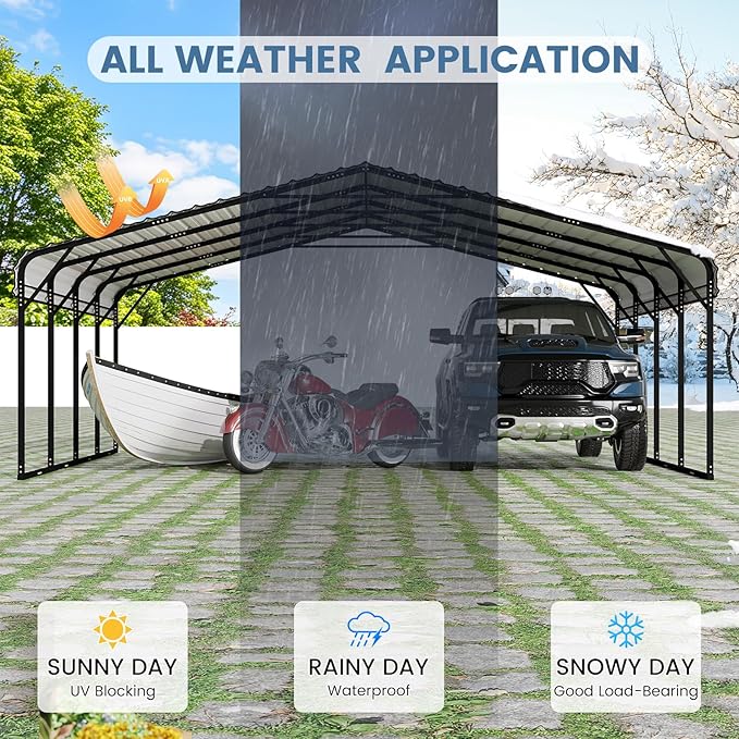 EROMMY 20x20 FT Stable Metal Carport, All-Weather Heavy-Duty Carports with Strong Base, Sturdy Car Shed with Galvanized Steel Roof and Frame, Easy Assembly Car Port for 2 Cars, Tractors, Boat, Gray