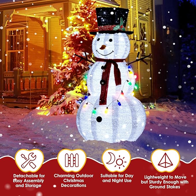 VINGLI 4FT Pop up Snowman Christmas Decorations, Outdoor Snowman Lighted with Tall Hat, Cute Branch Hands for Xmas, Snowman Ornaments with Pre-lit Lights Decor for Indoor Yard Lawn Porch, Plug in