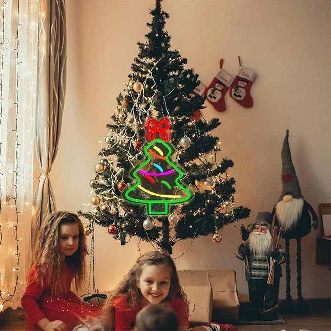 Christmas Tree Neon Sign Christmas Decorations, Dimmable Led Neon Light Up Sign for Xmas Wall Decor Party Home Bar Festival, USB Powered, Include Hanging Chain