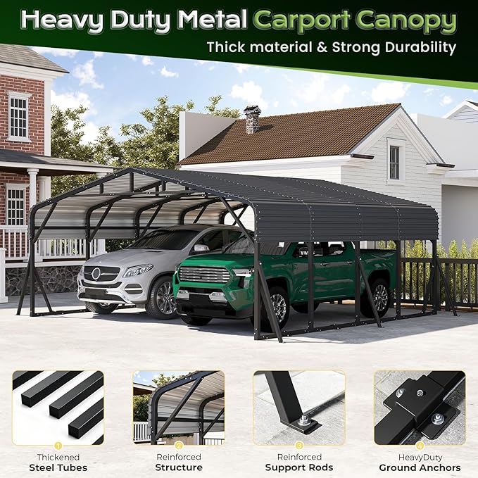 20x20FT Metal Carport, Heavy Duty Car Garage w/Reinforced Support Rods and Windproof Ground Anchors, All-Weather Multi-Use Outdoor Shelter for Car, Boats and Truck