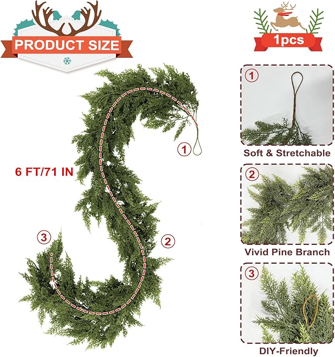 6 FT Christmas Cedar Garland, Artificial Realistic Faux Greenery Pine Garland - Soft Bendable, Lifelike Christmas Decorations for Table, Mantle, Wall, Indoor Outdoor Holiday Party (1 Pcs)