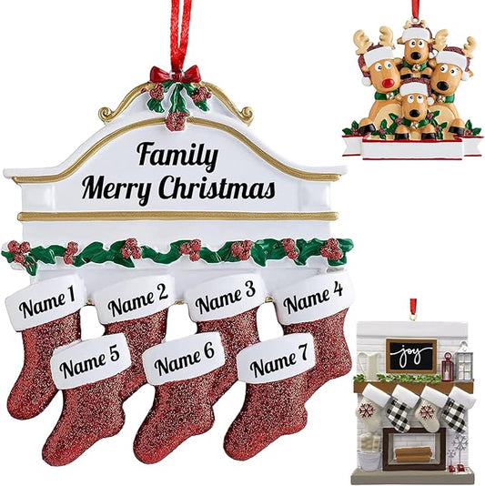 Personalized Christmas Ornaments 2023 Red Stocking Family of 2/3/4/5/6/7/8 Custom Christmas Ornament with Names Customized New Year Family Ornament for Christmas Tree Decor（Family of 7）
