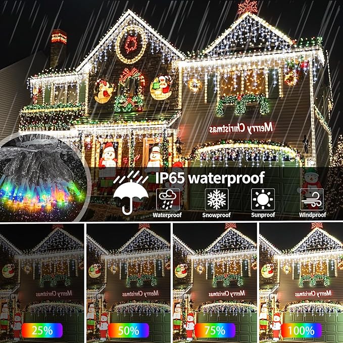 Solar Christmas Lights Outdoor, 66+16Ft 660LED Multicolor & Cool White Dual Color Changing Icicle Lights 2400mAH Connectable Rechargeable Dimmable Remote 8 Modes for Xmas House Roof Holiday Party
