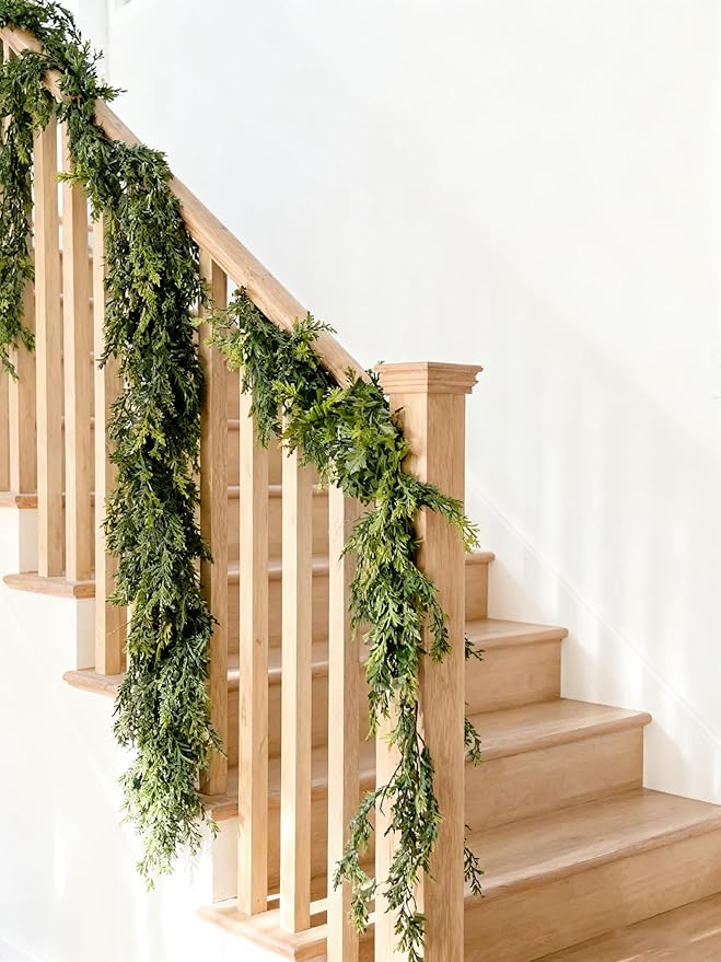 Christmas Cedar Garland Artificial Realistic 6ft Mantle Faux Pine Garlands Realistic Cypress Greenery for Indoor Outdoor Stairs Railing Fireplace Mantle Door Decor(2Pcs)
