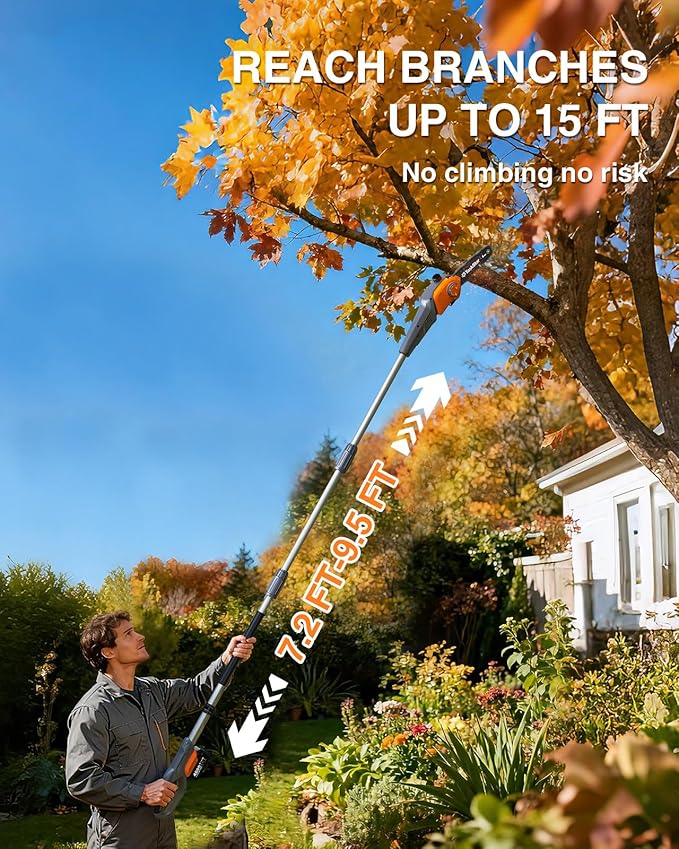 8-Inch Cordless Pole Saw, Electric Pole Saws for Tree Trimming, 2¡¿4000mAh Batteries, 600W Powerful Motor, Max Reach 15Ft, Tool-Free Chain Tensioning, Auto Lubrication