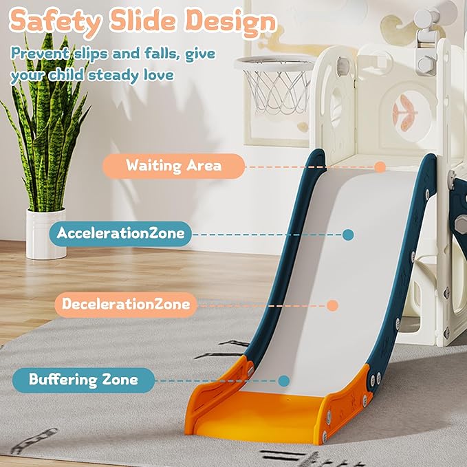 6 in 1 Toddler Slide, Kids Slider for 1-3, Indoor Outdoor Playset Playground with Basketball Hoop, Storage, Climber and Telescope, Great Gift for Baby & Child, Green and Yellow
