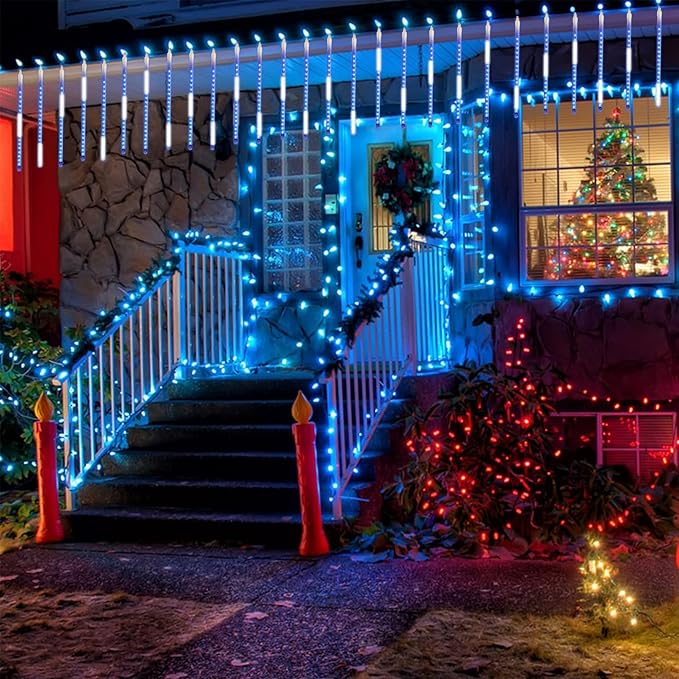 LJLNION Meteor Shower Lights, 12 Inch Outdoor Icicles Christmas Lights, 8 Tubes 288 LED Iciclelights Snow Falling Light, Connectable Raindrop Light, Xmas Wedding Party Tree Holiday Decor, Blue