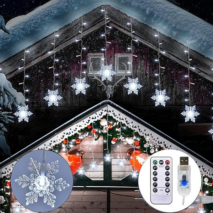 LED Christmas Curtain Lights,Snowflake Lights Decorations with Remote Control,USB Powered 24 Snowflakes 120 LEDs Window String Lights with 8 Modes Decor Christmas Wedding Party Wall Home Decor