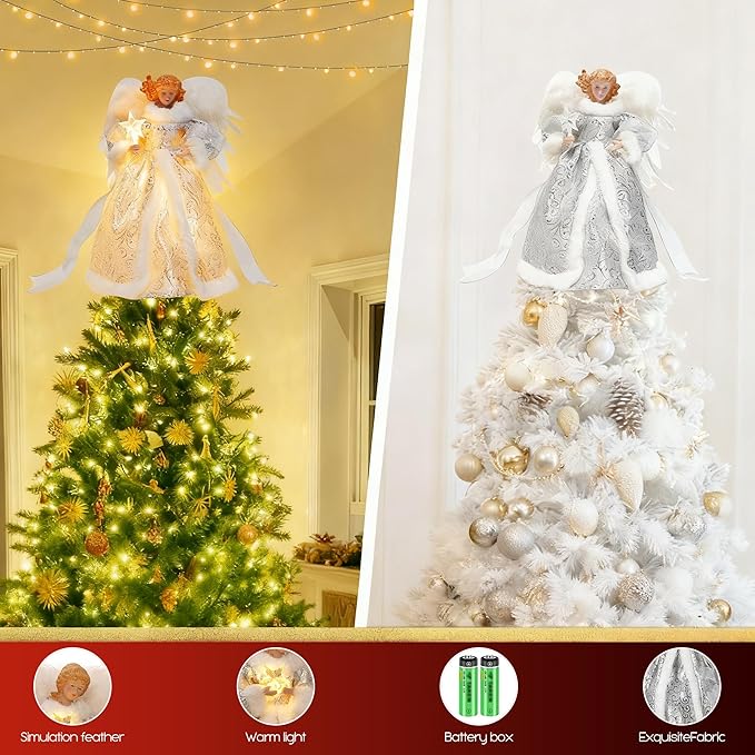 Christmas Tree Topper Angel – 12" Lighted Angel Christmas Tree Topper with Lights, Xmas Tree Toppers Decorations Ornament with White Feather Wings, for Holiday Home & Christmas Decorations