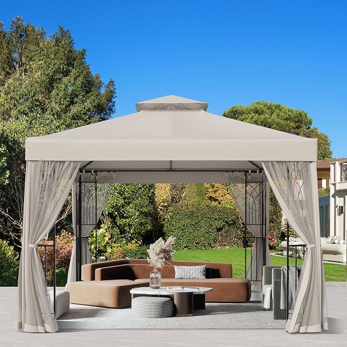 10x10 Outdoor Gazebo Tent with Netting and Corner Shelves, Double Roof Patio Gazebo with Soft Fabric Top, Outdoor Pavilion for Backyard Patio Garden Lawn, Beige