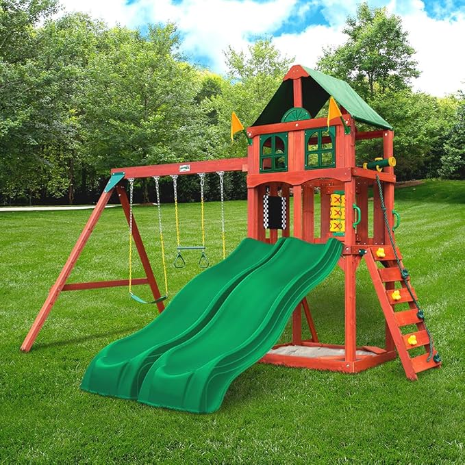 Gorilla Playsets 01-1057 Playmaker Deluxe Wooden Swing Set with Vinyl Canopy Roof, Dual Wave Slides, and Rock Climbing Wall, Redwood Stained Cedar