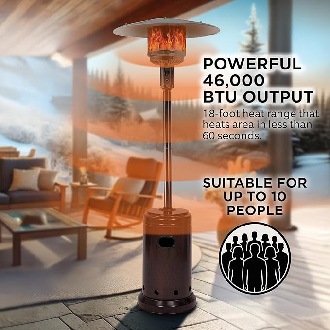 Amazon Basics 46,000 BTU Outdoor Propane Patio Heater with Wheels, Commercial & Residential, Havana Bronze, with Water Tank, 32.1 x 32.1 x 91.3 inches (LxWxH)