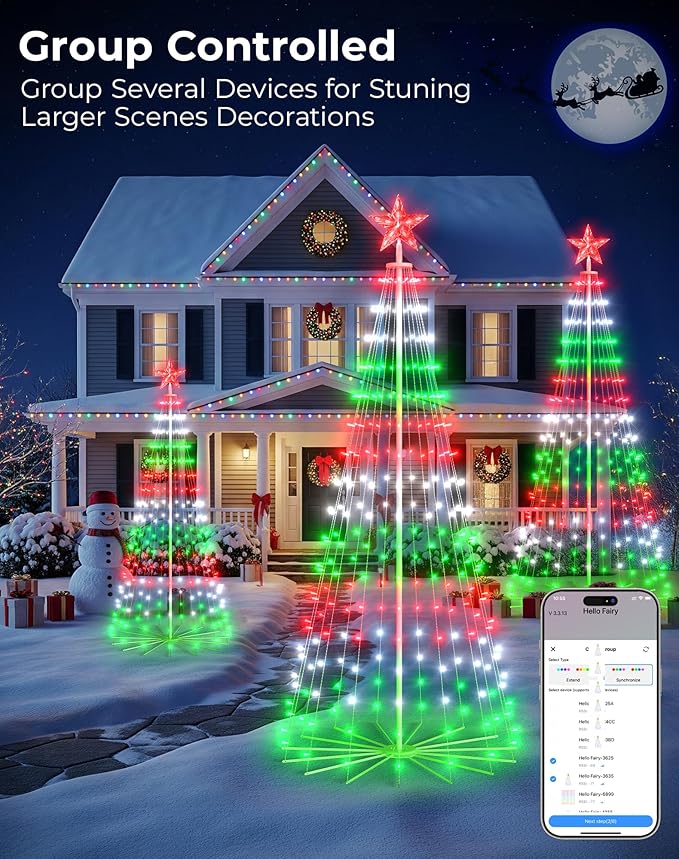 8FT Outdoor Christmas Tree Decorations Smart App Control, DIY Patterns Prelit Multicolor Outdoor Christmas Tree Light Show, Waterproof Magical String Lights with Remote Music Timer for Yard