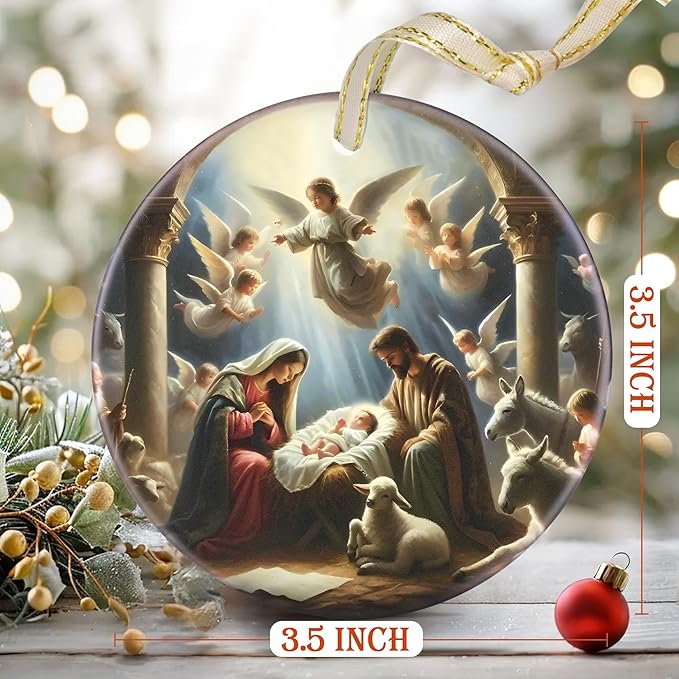 Nativity Christmas Decorations, 3.5 Inch Ceramic Religious Christmas Ornament, Christmas Tree Ornaments, Christian Gifts for Kids, Religious Gifts for Women, Xmas Gifts for Mom, Merry