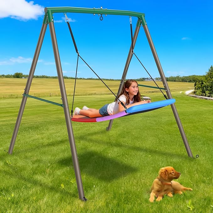 Trekassy Swing Sets for Backyard, 440lbs Heavy Duty A-Frame Metal Stand with 60 Large Platform Swing for Outdoor Playground Park£¨Green/Tan£©