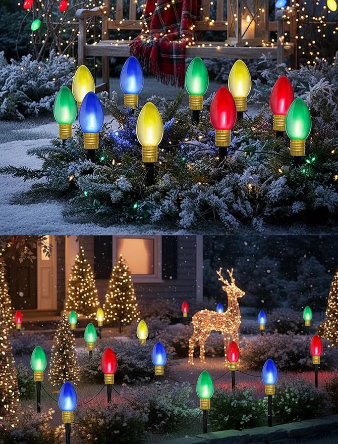 Christmas Lights Jumbo C9 Outdoor Lawn Decorations with Pathway Marker Stakes, 2 Pack 7 Feet String Lights with Transparent Multicolored Light Bulb for Holiday Outside Yard Garden Decor, 8 Lights