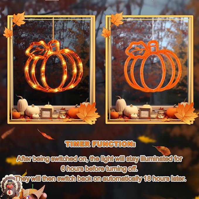 LOLStar Fall Decor Window Lights 2025 Thanksgiving Decorations Acorn Maple Leaves Pumpkin LED Lights with Suction Cups Battery Operated(Exclusive) Slow Fade Mode Timer Autumn Decorations for Home