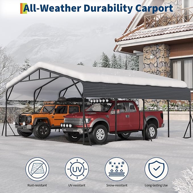 Metal Carport, 20x20 FT Outdoor Carport Canopy with Reinforced Base and Galvanized Steel Roof, Heavy Duty Garage Car Shelter Shade for SUV, Truck, Boats