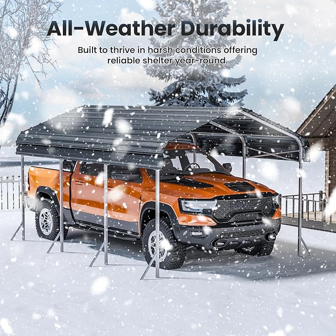 10x15ft Heavy Duty Metal Carport – Outdoor Galvanized Garage, Sturdy Structure, All-Weather Protection, Easy Assembly for Cars, Trucks, Boats, Tractors, and Outdoor Storage (Grey, 10x15FT)