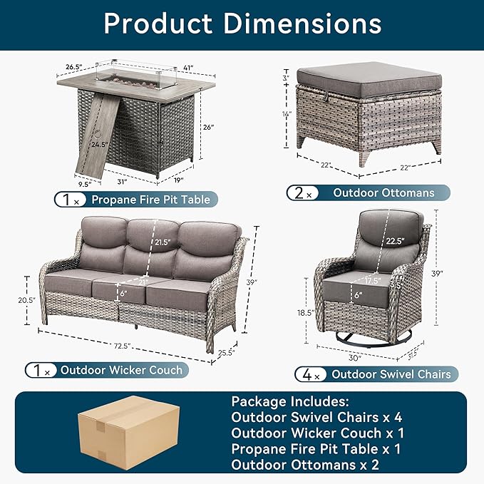 Luxury High Back Outdoor Furniture 6-Inch Thick Cushions with 50,000 BTU Gas Propane Fire Pit Tablet, Patio Furniture Set with Swivel Chairs, 8 PCS for Porch, Balcony, Deck and Yard