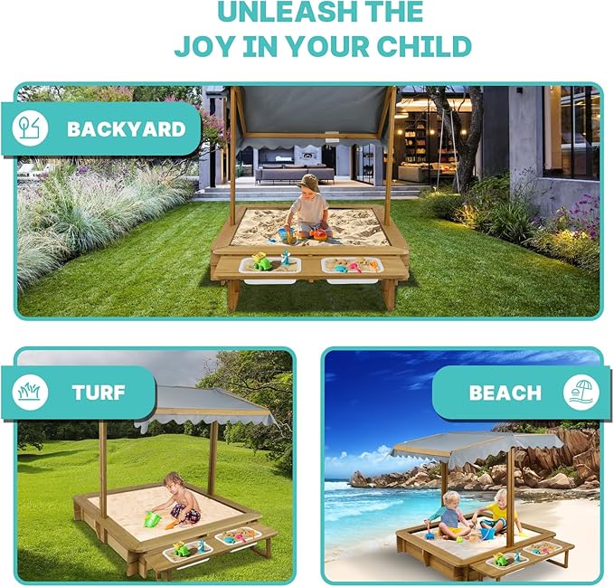 Outdoor Kids Sandbox with Lid, Wooden Sand Box with Cover, with 2 Side Buckets, Adjustable Canopy & UV-Protection, Smooth Surface, Sand Box for Kids Ages 2-8£¨45.3x45.3in£©