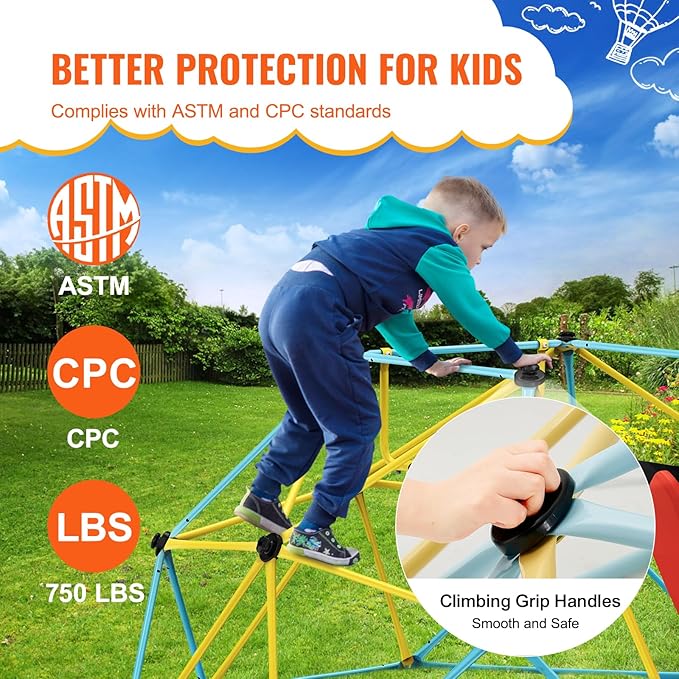 VEVOR Climbing Dome, 8FT Jungle Gym with Slide, Geometric Dome Climber Supports 600LBS and Easy Assembly for Kids 3 to 9 Years Old, with Climbing Grip, Outdoor and Indoor Play Equipment for Kids