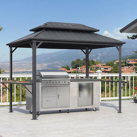PURPLE LEAF 6.5' X 10' Hardtop Grill Gazebo for Patio Permanent Aluminum Barbeque Shelter Gazebo Canopy with Ceiling Hook and Shelves Double Tiered Grey Outdoor BBQ