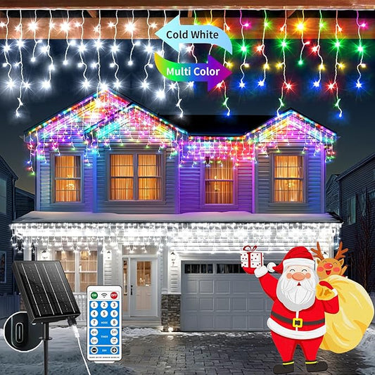 Solar Christmas Lights Outdoor, 66+16Ft 660LED Multicolor & Cool White Dual Color Changing Icicle Lights 2400mAH Connectable Rechargeable Dimmable Remote 8 Modes for Xmas House Roof Holiday Party