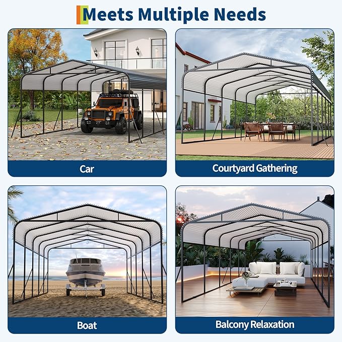 Metal Carport, 13x26 FT Outdoor Carport Canopy with Reinforced Base and Galvanized Steel Roof, Heavy Duty Garage Car Shelter Shade for SUV, Truck, Boats
