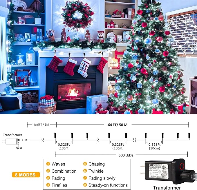 kemooie 500 LED White Christmas Lights, 164 FT 8 Lighting Modes Christmas Fairy Lights, Plug in Waterproof Extra Long Fairy Light for Outdoor Birthday Wedding Party Garden Balcony Decoration (White)