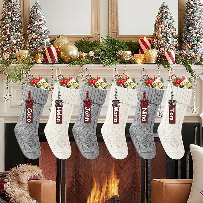 Christmas Stockings 18 Inches,Long Knitted Stocking with Name Tags, Christmas Decoration Hanging Stockings Fireplace Xmas Tree Ornaments for Home Family