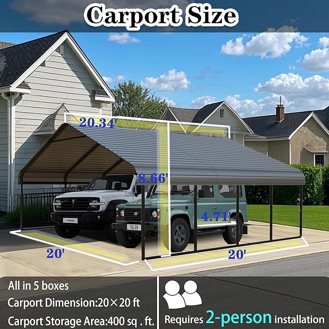 Heavy Duty Metal Carport 20x20 ft Galvanized Steel Frame RV Carport Storage All Weather Shelter Easy Assembly for 2 Car Extra Large Canopy for Dual Vehicle Boat Protection Garage (20x20 FT)