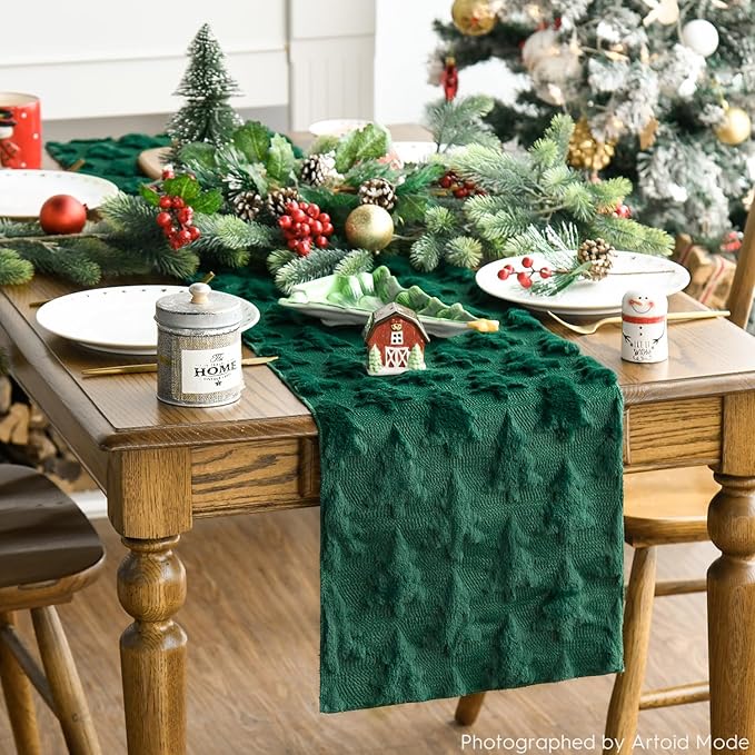 Artoid Mode Christmas Trees Green Soft Plush Faux Fur Jacquard Christmas Table Runner, Holiday Kitchen Dining Table Decoration for Home Party Decor 13x108 Inch