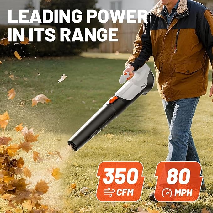 Litheli Cordless Leaf Blower with 2 Batteries (Works as Portable Power Bank), Ultra-Lightweight Electric Blower for Driveways, Patios & Decks, 2-Speed 350CFM for Dry Leaves, Dust & Car Drying