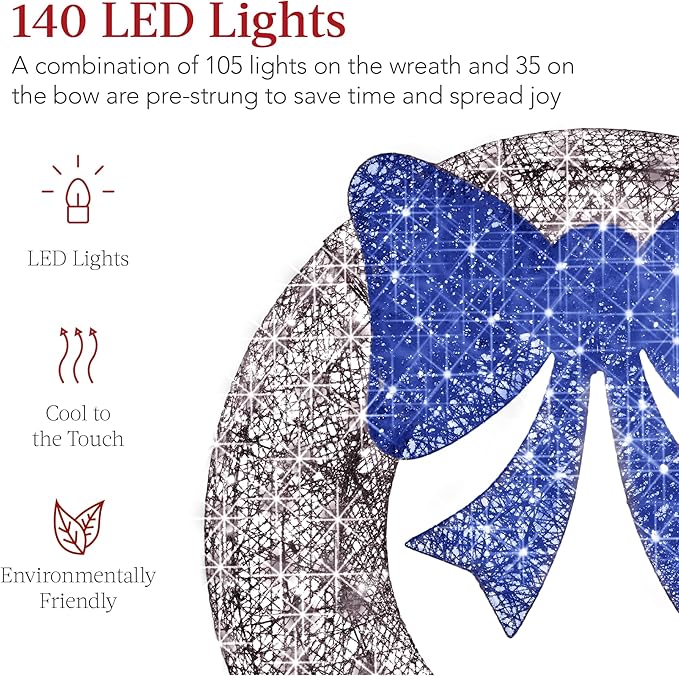 Best Choice Products 48in Pre-Lit Outdoor Christmas Wreath Decoration, LED Metal Holiday Decor for Home w/ 140 Lights, Bow - Hanukkah Silver/Blue