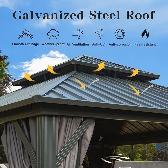 Domi Hardtop Gazebos 12x12FT, Aluminum Metal Gazebo with Galvanized Steel Double Roof Canopy, Curtain and Netting, Permanent Gazebo Pavilion for Patio, Backyard, Deck and Lawn, Grey