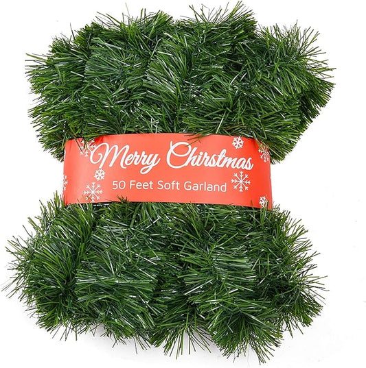 Christmas Garland for Outdoor/Indoor Decoration, Soft Greenery Artificial Garland Decorations, Non-lit Green Xmas Garlands Perfect for Party Home Garden and Holiday Festival Decor, 50 Feet 1 Pack