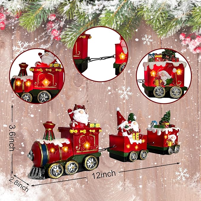 Hexagram Christmas Decorations Indoor Christmas Gnomes Table Centerpieces Train Decor - Lighted Gnome Tabletop Decor, Light Up Xmas Train Figurines for Home