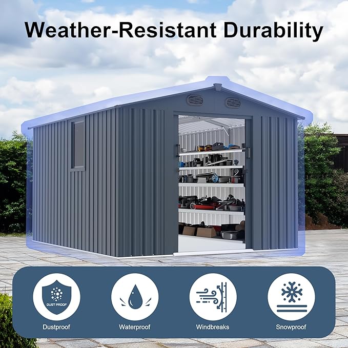 Outdoor Storage Shed 8x10 FT with Window - Metal Sheds & Outdoor Storage for Motorcycle, Bike, Garden Tool, Lawnmower - Backyard Tool Building with 1 Sliding Door, 4 Vents (Without Floor)