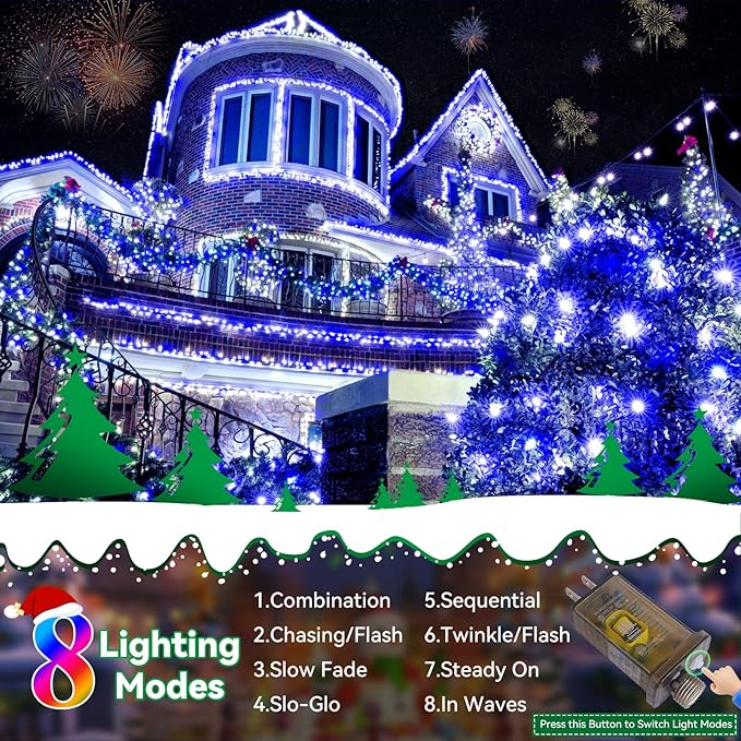 Heceltt Christmas Lights Outdoor, 403FT 1000 LED String Lights 8 Modes and Timer Memory Function Twinkle Fairy Lights IP44 Waterproof Plug in for Xmas Tree Wedding Party Holiday Decor(Blue)