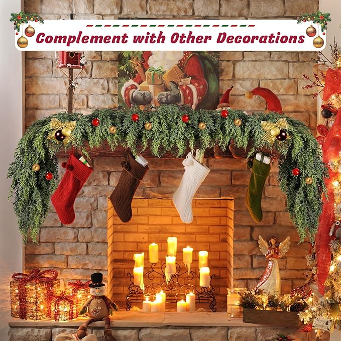 kuaima Christmas Cedar Garland, 6 FT Artificial Realistic Winter Evergreen Greenery Cypress Garland Real Touch for Indoor Outdoor Xmas Decoration, 1 Pcs